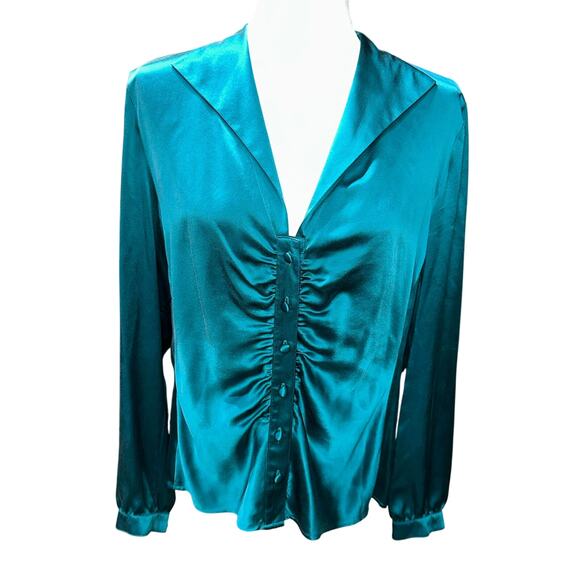 Talbots Silk Blouse Top Button up Emerald Green 14 Party Event Dressy Holidays - Picture 1 of 9